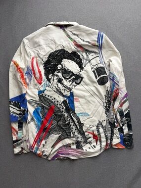 Robert Graham 'World Traveler' Limited Edition Beaded Skull Guitarist Art Shirt